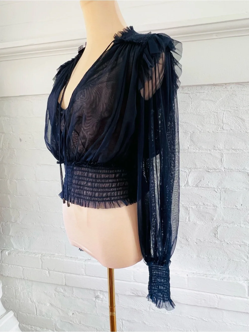 Free People Twila Sheer Net Tulle Cropped Blouse Indigo Lost Blue Boho Size Smal
